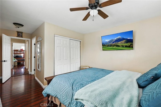 210 W Tichenor St, Compton, CA 90220 - bedroom with hardwood / wood-style flooring, a closet, baseboards, and ceiling fan
