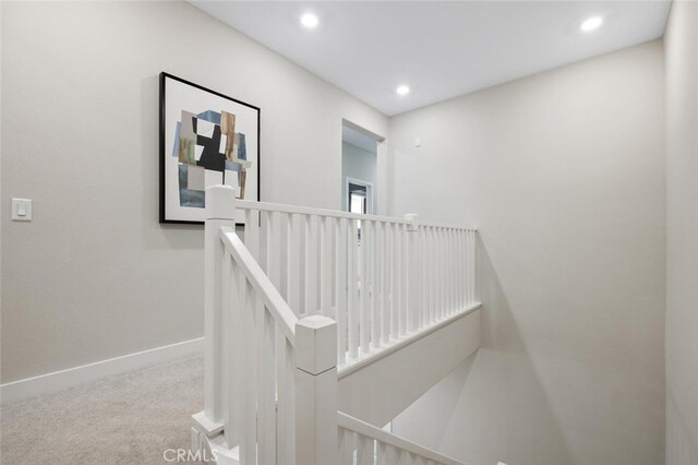 27227 Coyote Bush Ct, Valencia, CA 91381 - hall featuring an upstairs landing, baseboards, carpet flooring, and recessed lighting