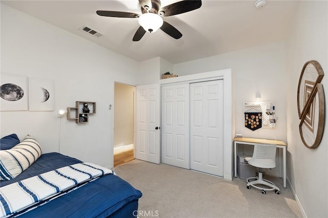 7476 Sequoia Ln, Highland, CA 92346 - carpeted bedroom featuring a closet, baseboards, and a ceiling fan