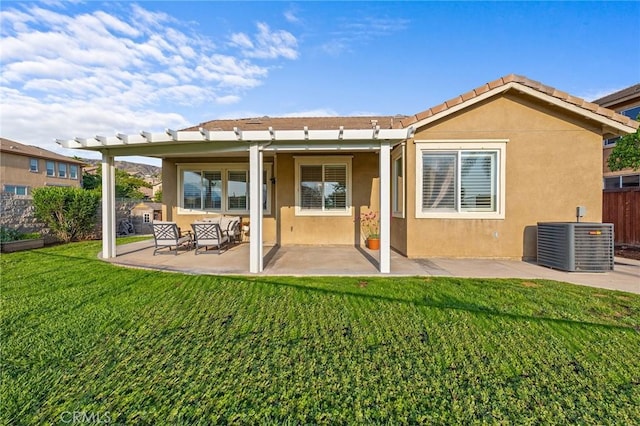 7476 Sequoia Ln, Highland, CA 92346 - back of house with stucco siding, central AC, a patio area, and a tiled roof
