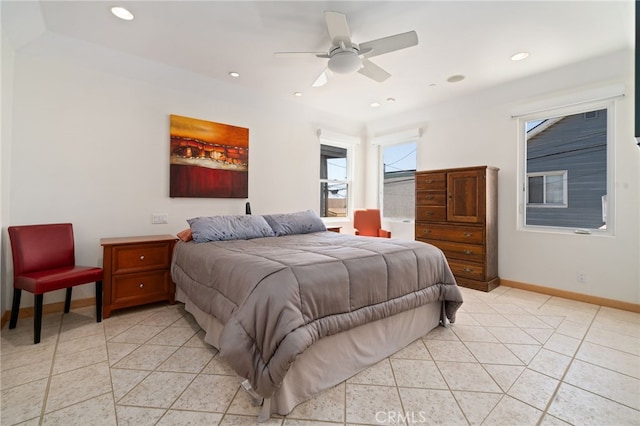 210 El Porto St, Manhattan Beach, CA 90266 - bedroom with light tile patterned floors, baseboards, a ceiling fan, and recessed lighting