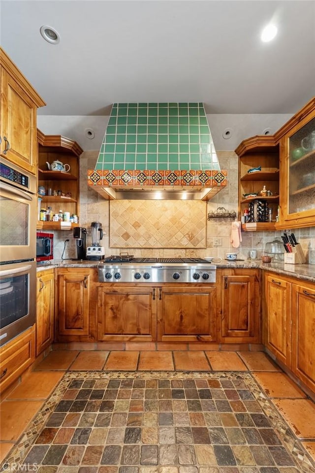 9075 Mesa Vista St, Apple Valley, CA 92308 - kitchen with open shelves, appliances with stainless steel finishes, decorative backsplash, brown cabinetry, and recessed lighting