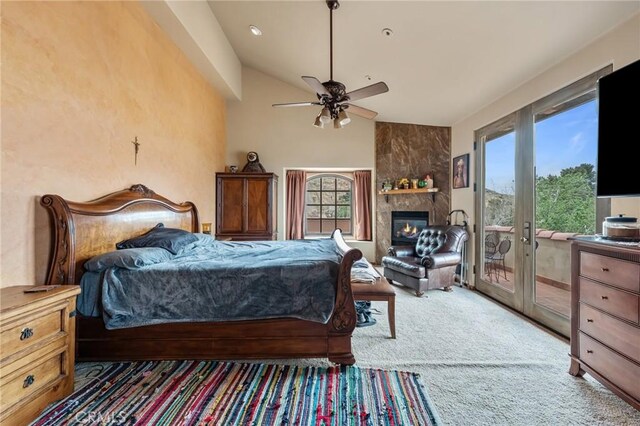 9075 Mesa Vista St, Apple Valley, CA 92308 - bedroom featuring access to outside, carpet, a large fireplace, high vaulted ceiling, and ceiling fan