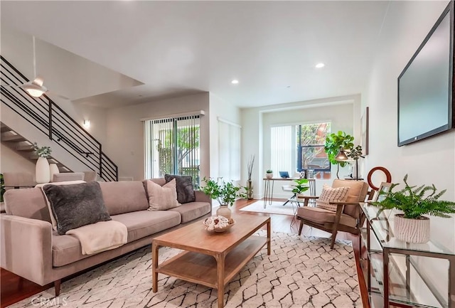 395 E 4th St Unit 13, Long Beach, CA 90802 - living room featuring stairs, plenty of natural light, recessed lighting, and light wood finished floors