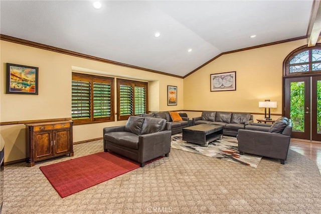 639 Valley View Dr, Redlands, CA 92373 - carpeted living area with crown molding, recessed lighting, vaulted ceiling, and baseboards