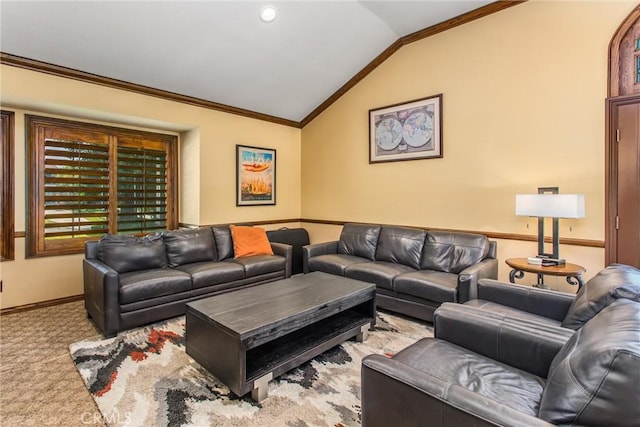 639 Valley View Dr, Redlands, CA 92373 - carpeted living area featuring lofted ceiling, ornamental molding, and baseboards