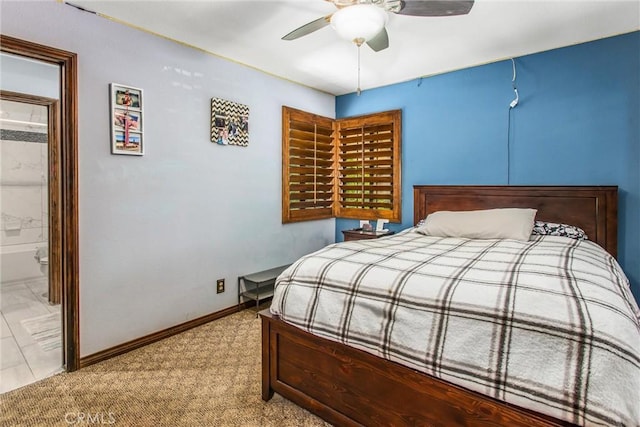 639 Valley View Dr, Redlands, CA 92373 - bedroom featuring ceiling fan, baseboards, ensuite bath, and carpet floors