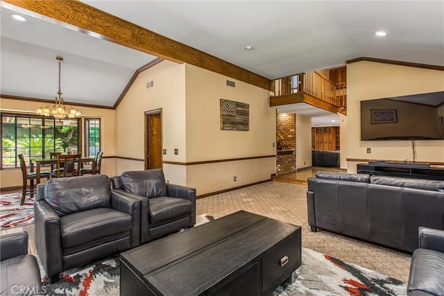 639 Valley View Dr, Redlands, CA 92373 - living area with vaulted ceiling, a chandelier, baseboards, light carpet, and crown molding