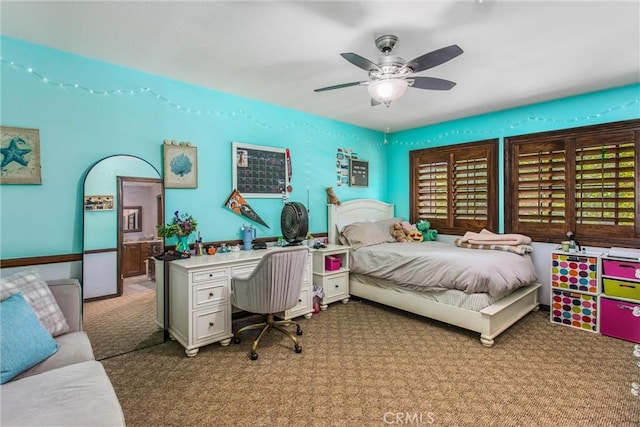 639 Valley View Dr, Redlands, CA 92373 - bedroom with light carpet, an office area, and ceiling fan