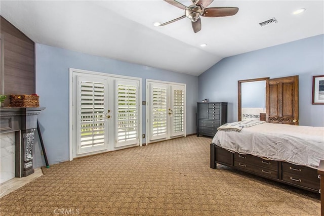 639 Valley View Dr, Redlands, CA 92373 - bedroom featuring access to outside, vaulted ceiling, carpet floors, and a ceiling fan