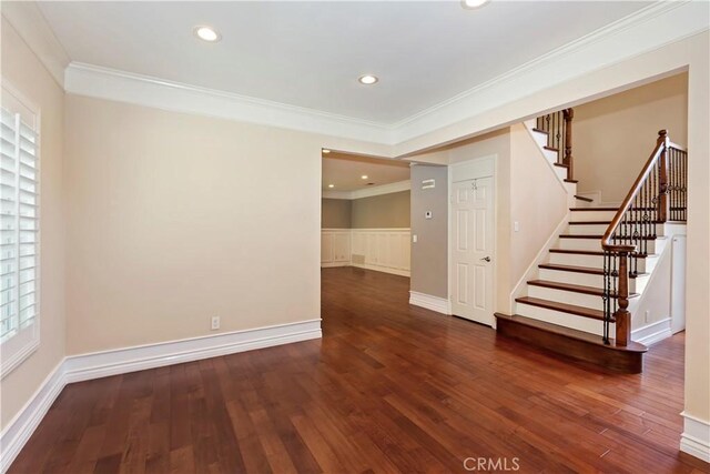 7000 Fabriano Pl, Rancho Cucamonga, CA 91701 - spare room featuring hardwood / wood-style floors, crown molding, stairway, recessed lighting, and baseboards