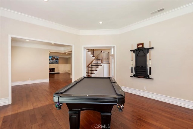 7000 Fabriano Pl, Rancho Cucamonga, CA 91701 - recreation room with crown molding, hardwood / wood-style floors, billiards table, a warm lit fireplace, and baseboards