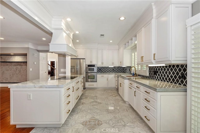 7000 Fabriano Pl, Rancho Cucamonga, CA 91701 - kitchen with a sink, stainless steel appliances, white cabinets, recessed lighting, and crown molding