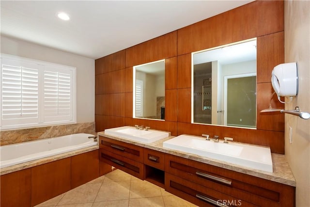 7000 Fabriano Pl, Rancho Cucamonga, CA 91701 - bathroom with double vanity, a bath, tile patterned flooring, and recessed lighting