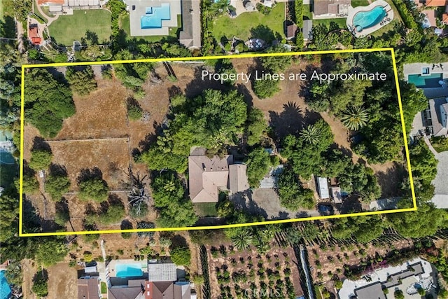 5426 Lakeview Ave, Yorba Linda, CA 92886 - aerial overview of property's location with a pool and property boundaries highlighted