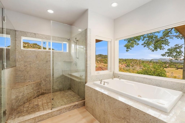 1320 Sleeping Indian Rd, Oceanside, CA 92057 - bathroom with a tile shower, a tub with jets, and recessed lighting