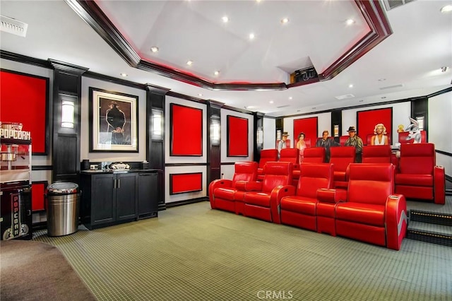 29302 Laro Dr, Agoura Hills, CA 91301 - carpeted cinema room with ornamental molding, a decorative wall, and recessed lighting
