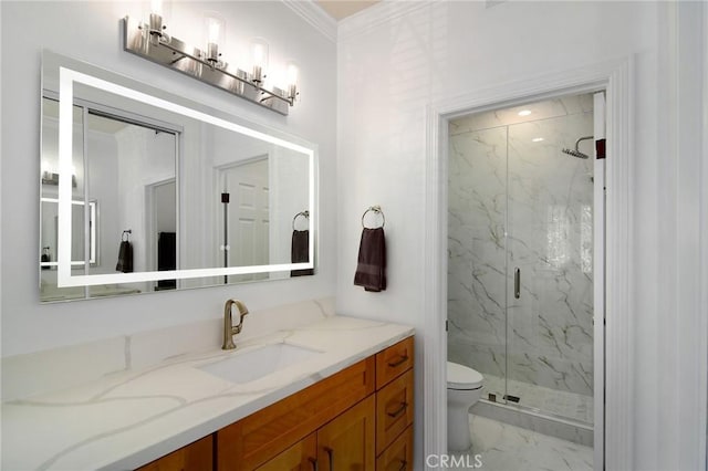 29302 Laro Dr, Agoura Hills, CA 91301 - full bathroom with marble finish floors, a marble finish shower, toilet, vanity, and ornamental molding