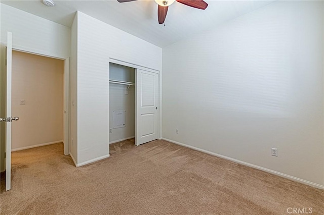 15405 Ashley Ct, Whittier, CA 90603 - unfurnished bedroom with light colored carpet, baseboards, a closet, and ceiling fan