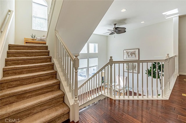 15405 Ashley Ct, Whittier, CA 90603 - stairs with wood finished floors, ceiling fan, recessed lighting, and baseboards