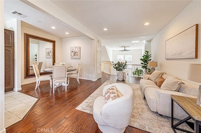 15405 Ashley Ct, Whittier, CA 90603 - living room featuring hardwood / wood-style flooring, recessed lighting, baseboards, and a ceiling fan