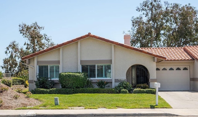 28116 Calle Casal, Mission Viejo, CA 92692 - view of front of house featuring a tile roof, an attached garage, stucco siding, concrete driveway, and a chimney