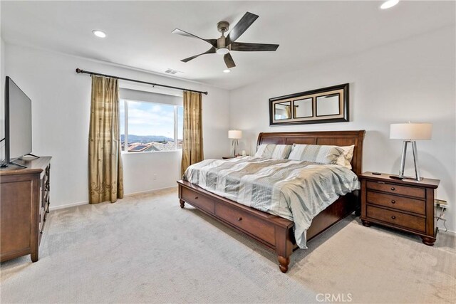18106 Meridian Ln, Saugus, CA 91350 - bedroom with light carpet, recessed lighting, baseboards, and ceiling fan
