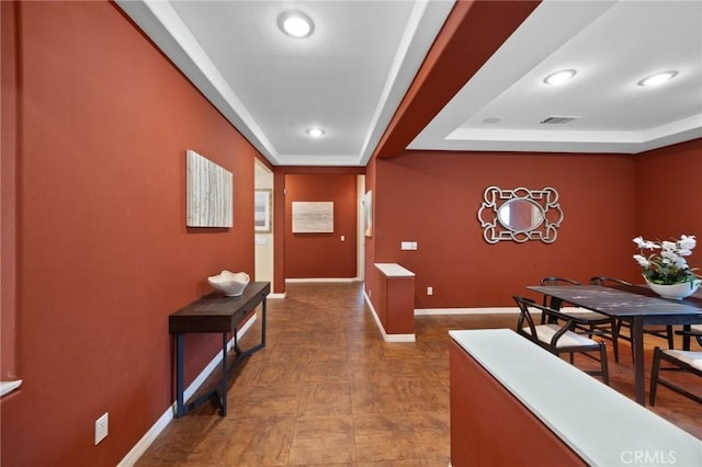 5675 W Overlook Dr, Rancho Cucamonga, CA 91739 - corridor featuring a raised ceiling, baseboards, and recessed lighting