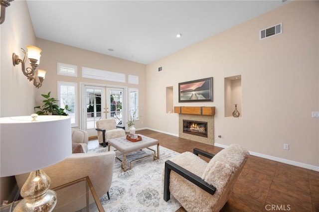 5675 W Overlook Dr, Rancho Cucamonga, CA 91739 - living room with a glass covered fireplace, baseboards, french doors, recessed lighting, and tile patterned flooring