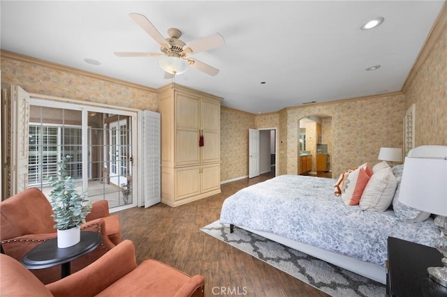 5675 W Overlook Dr, Rancho Cucamonga, CA 91739 - bedroom with wallpapered walls, access to outside, wood finished floors, ornamental molding, and a ceiling fan
