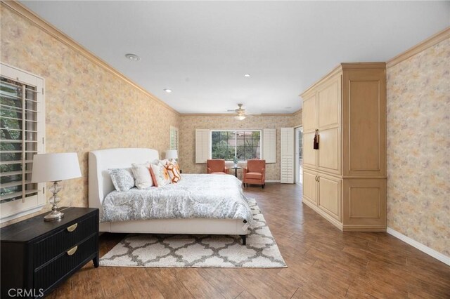 5675 W Overlook Dr, Rancho Cucamonga, CA 91739 - bedroom featuring wallpapered walls, baseboards, wood finished floors, and ornamental molding