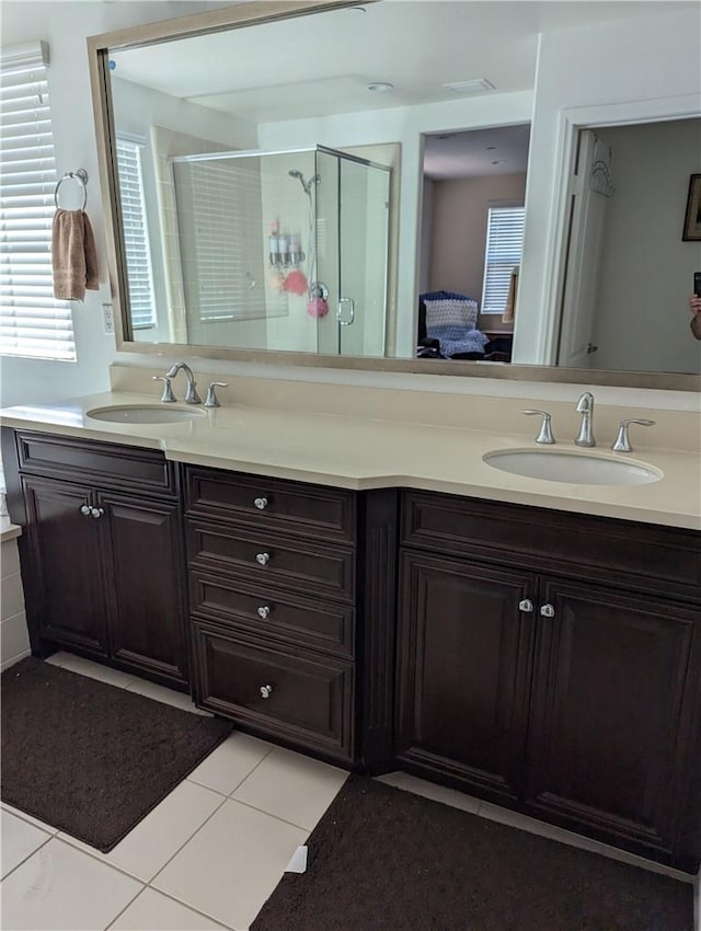 753 Huron Pl, Claremont, CA 91711 - bathroom featuring a stall shower, double vanity, and tile patterned flooring
