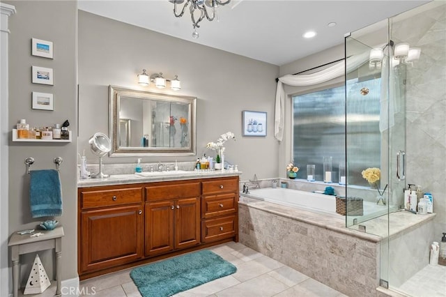 133 Valley Ridge Dr, Paradise, CA 95969 - bathroom with a bath, vanity, tile patterned flooring, and a shower stall