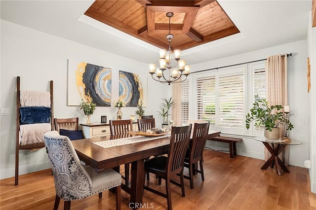 133 Valley Ridge Dr, Paradise, CA 95969 - dining area with wood ceiling, a tray ceiling, a chandelier, light wood finished floors, and coffered ceiling