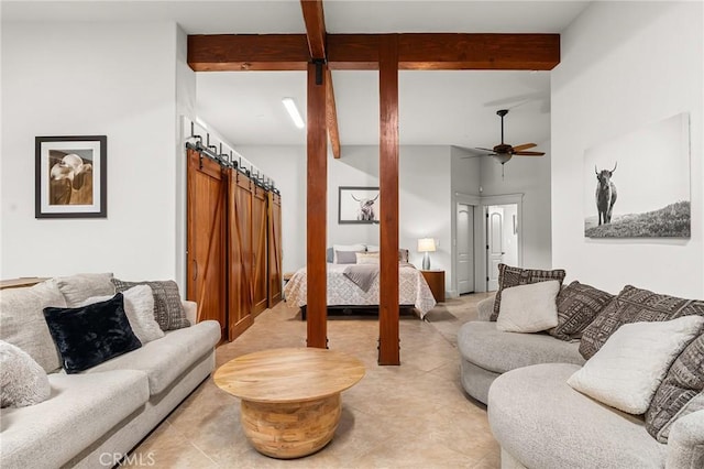 133 Valley Ridge Dr, Paradise, CA 95969 - living area featuring beam ceiling, a barn door, light tile patterned floors, and ceiling fan