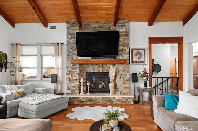 133 Valley Ridge Dr, Paradise, CA 95969 - living room with wooden ceiling, wood finished floors, and a fireplace