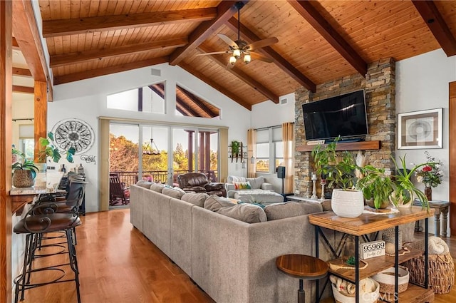 133 Valley Ridge Dr, Paradise, CA 95969 - living room with wood finished floors, a wood ceiling with exposed beams, a ceiling fan, and high vaulted ceiling