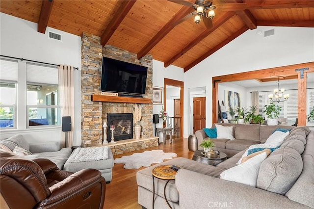 133 Valley Ridge Dr, Paradise, CA 95969 - living area with wood finished floors, a chandelier, a wooden ceiling with exposed beams, a ceiling fan, and a fireplace