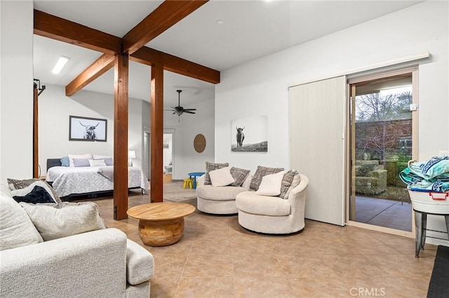 133 Valley Ridge Dr, Paradise, CA 95969 - living area featuring beamed ceiling, ceiling fan, and light tile patterned flooring