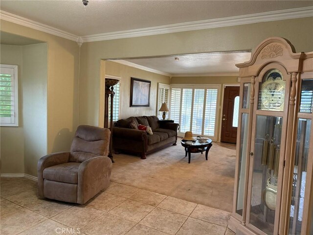 431 W M St, Colton, CA 92324 - living room with light colored carpet, light tile patterned floors, crown molding, and baseboards