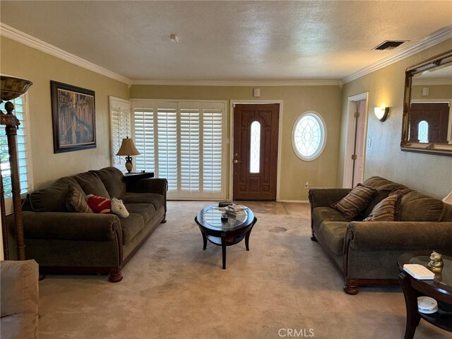 431 W M St, Colton, CA 92324 - living room featuring ornamental molding and carpet flooring