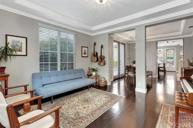 8 Marston Ln, Ladera Ranch, CA 92694 - living area featuring dark wood-style flooring, crown molding, and baseboards