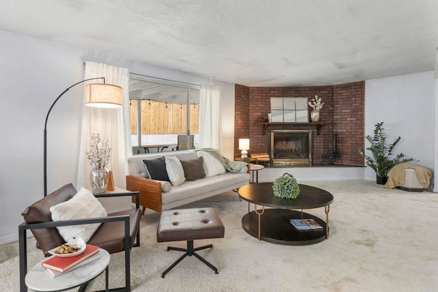 642 Carlsbad St, Spring Valley, CA 91977 - carpeted living room featuring a textured ceiling and a brick fireplace