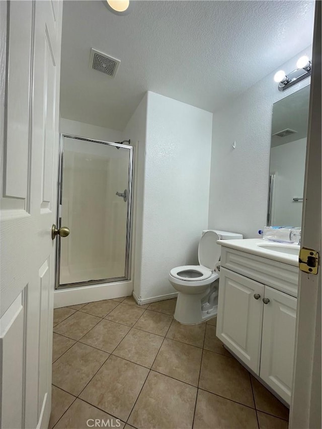 37000 Sabal Ave, Palmdale, CA 93552 - bathroom with vanity, a stall shower, tile patterned flooring, toilet, and a textured ceiling
