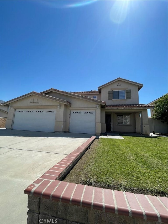 37000 Sabal Ave, Palmdale, CA 93552 - view of front of house featuring stucco siding, an attached garage, concrete driveway, a front lawn, and a tile roof