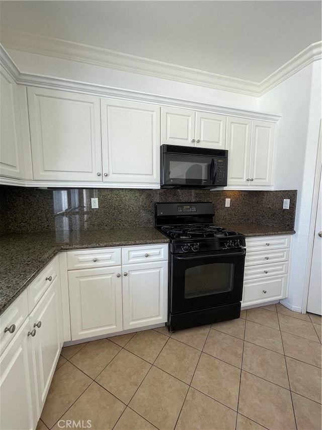 37000 Sabal Ave, Palmdale, CA 93552 - kitchen with black appliances, white cabinets, tasteful backsplash, light tile patterned flooring, and crown molding