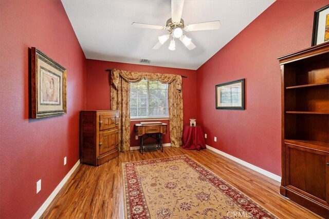 2860 Cathedral Ln, Arroyo Grande, CA 93420 - office featuring wood finished floors, a ceiling fan, vaulted ceiling, and baseboards