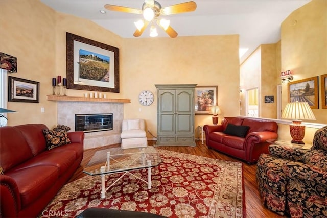 2860 Cathedral Ln, Arroyo Grande, CA 93420 - living room with wood finished floors, a ceiling fan, and a fireplace