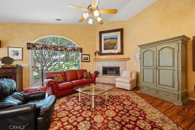 2860 Cathedral Ln, Arroyo Grande, CA 93420 - living area featuring wood finished floors, a fireplace, ceiling fan, and baseboards
