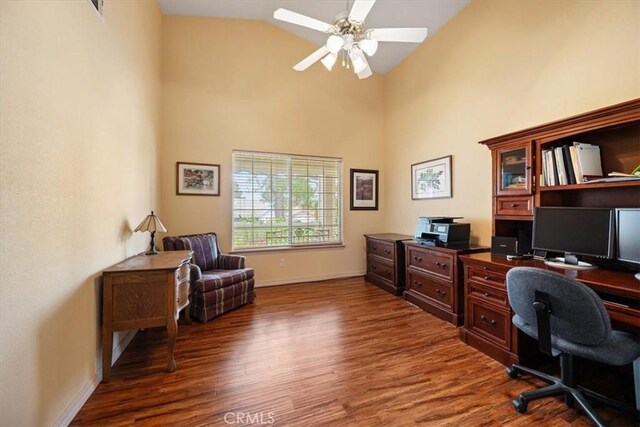 2860 Cathedral Ln, Arroyo Grande, CA 93420 - office area featuring high vaulted ceiling, wood finished floors, a ceiling fan, and baseboards